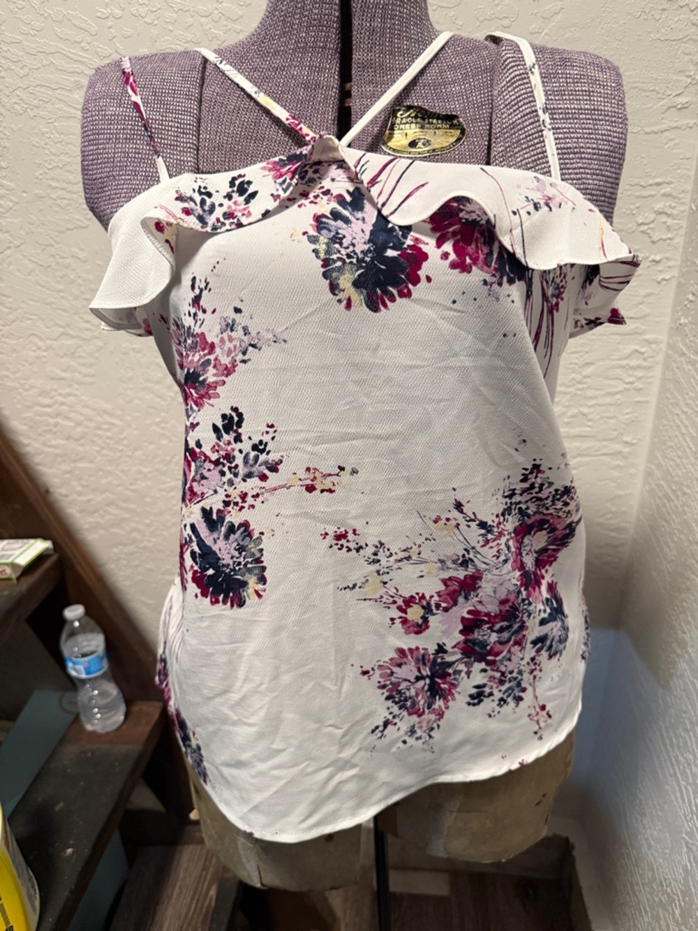 Maurices White Floral Ruffle Cold-Shoulder Cami with Pink & Navy Print